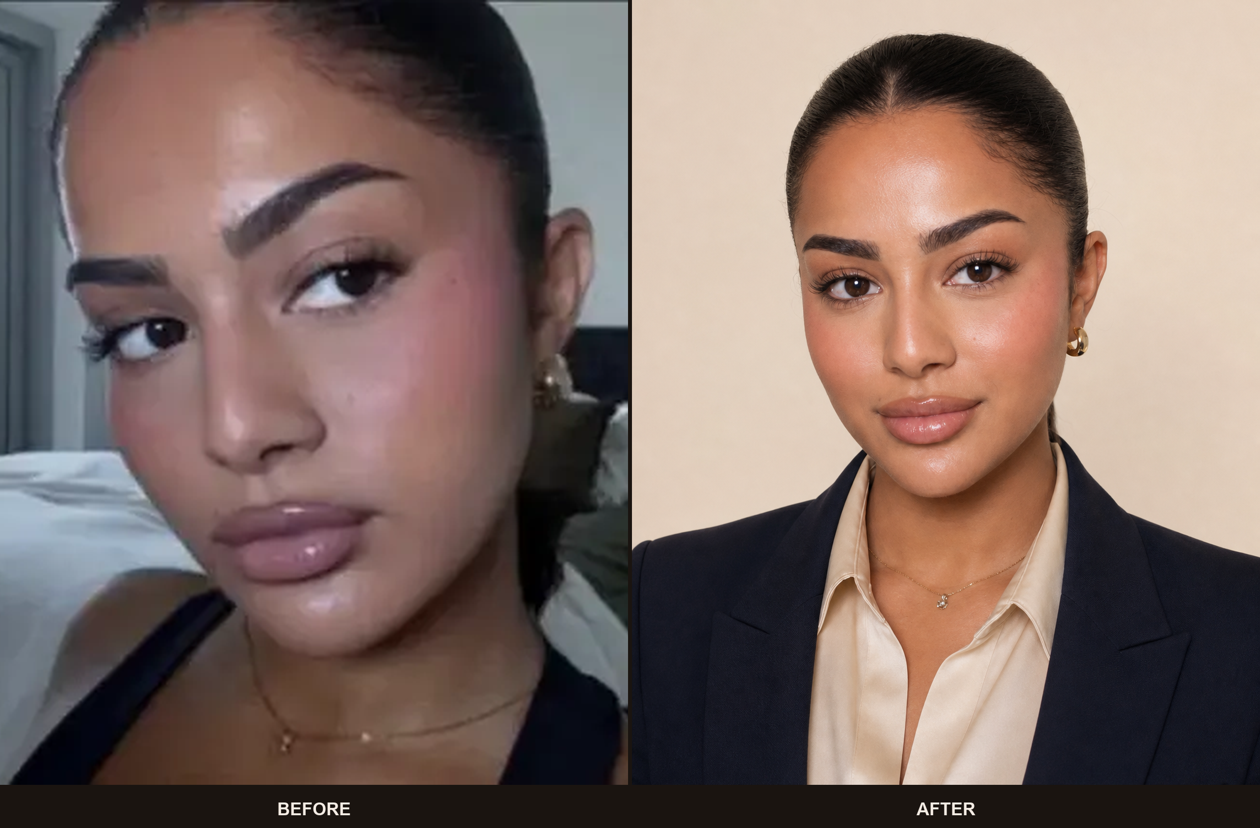 Before and after comparison of AI headshot generation from selfie